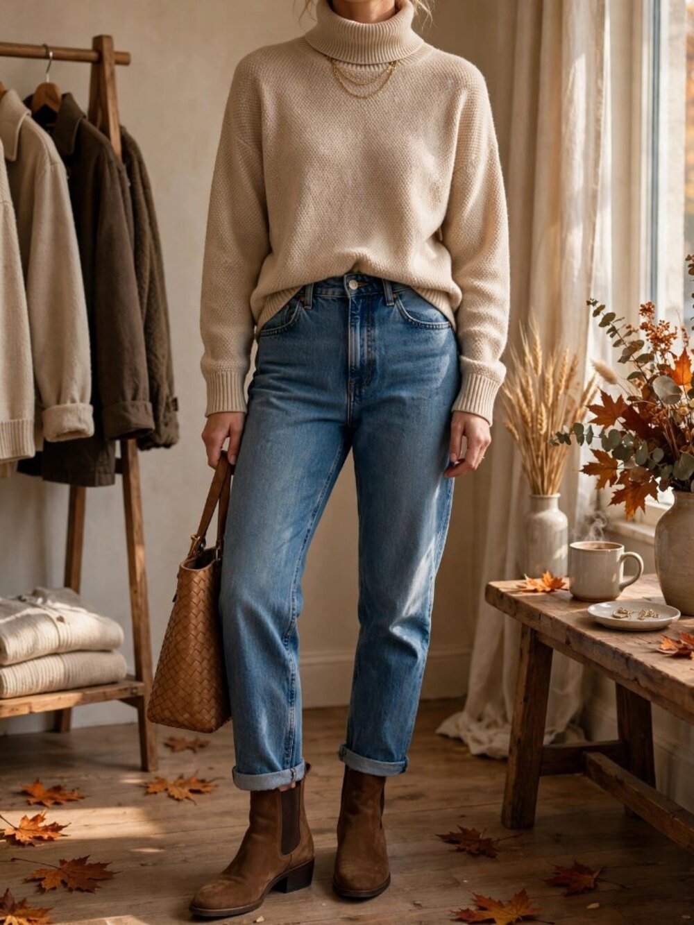 Beige Turtleneck Sweater Size M Fall Winter Layering
